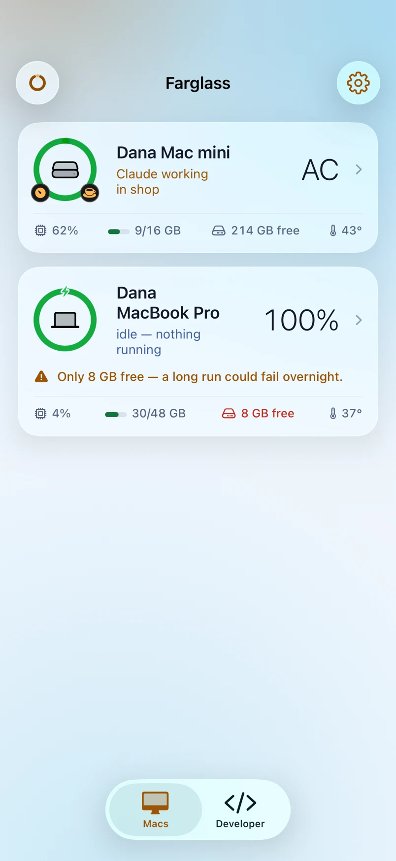 Farglass on an iPhone: a Mac mini with Claude working in shop at 62% CPU, and a MacBook Pro warning it has only 8 GB free.