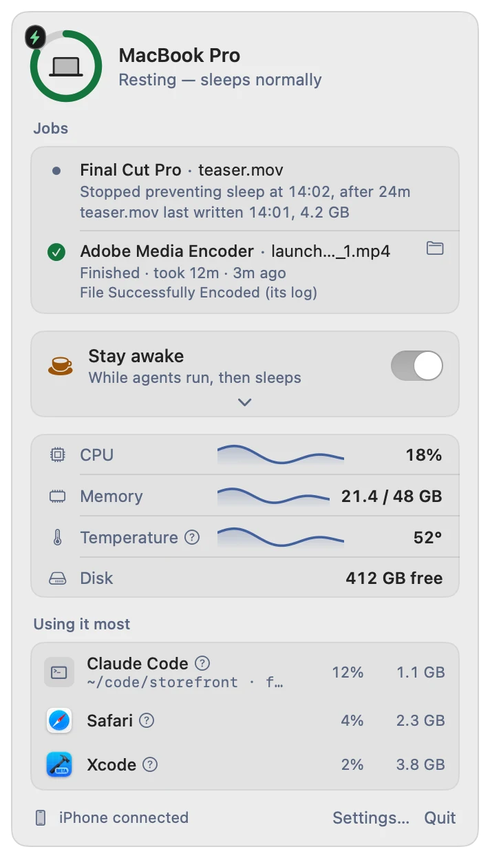 The Farglass menu after an export: Final Cut Pro stopped preventing sleep at 14:02, teaser.mov last written 14:01, 4.2 GB; Adobe Media Encoder finished in 12 minutes.