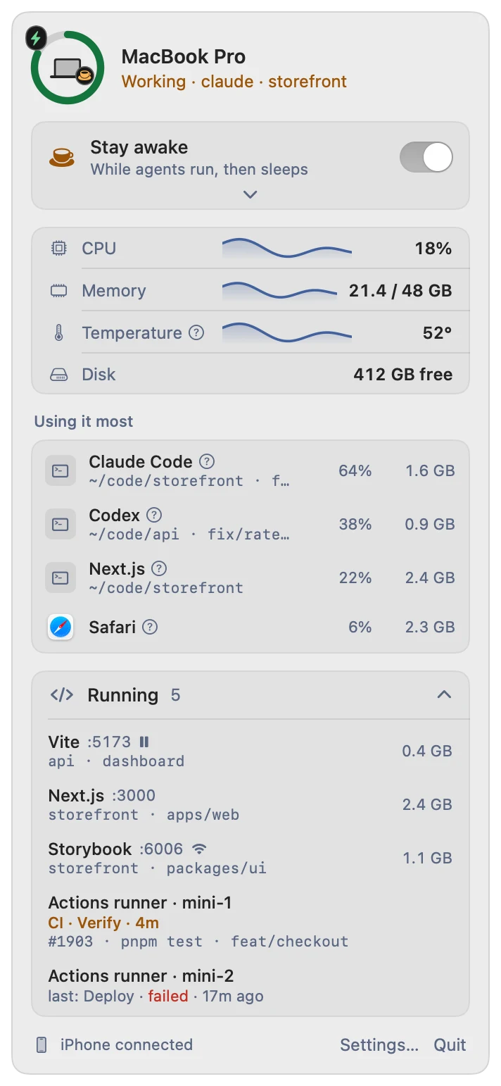 The Farglass menu listing Claude Code, Codex and Next.js by folder, then five running things: Vite on :5173, Next.js on :3000, Storybook on :6006, and two Actions runners, one on CI Verify for #1903, the other's last Deploy failed.